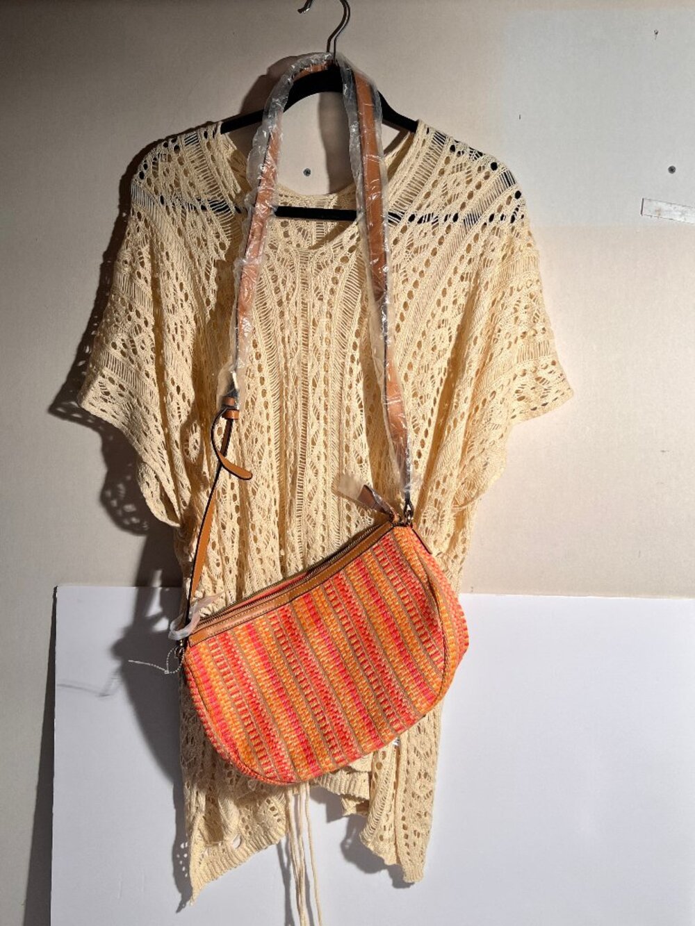 Boho Crochet Lace Beach Cover-Up & Straw Crossbody Bag Set - Medium